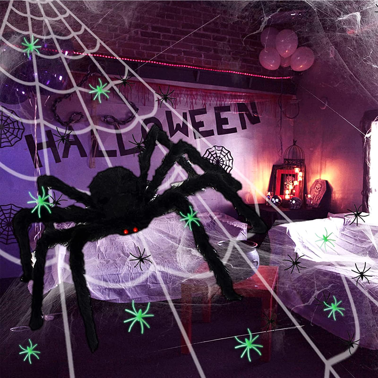 GEDIAO Halloween Spider Decorations 200" Halloween Spider Web + 50" Giant Spider + 40pcs Small Spider for Indoor Outdoor Halloween Decor Yard Party Haunted House Décor