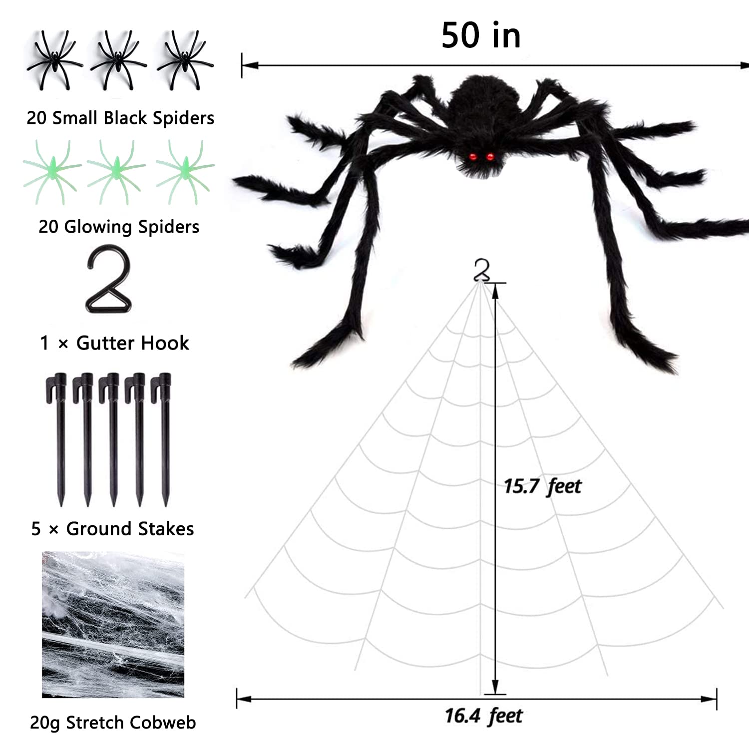 GEDIAO Halloween Spider Decorations 200" Halloween Spider Web + 50" Giant Spider + 40pcs Small Spider for Indoor Outdoor Halloween Decor Yard Party Haunted House Décor