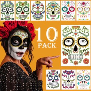 day of the dead face tattoos makeup kit, 10 pack halloween sugar skull red roses temporary tattoos for adults women men kids, diy skull full face mask stickers for halloween party cosplay supplies