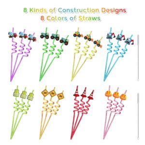 TMGIDRI 24 Construction Party Favors Straws, Construction Birthday Party Supplies, Excavator Bulldozer Blender Truck for Construction Theme Birthday Party Supplies with 2 Cleaning Brushes