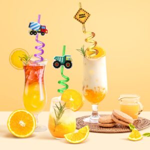 TMGIDRI 24 Construction Party Favors Straws, Construction Birthday Party Supplies, Excavator Bulldozer Blender Truck for Construction Theme Birthday Party Supplies with 2 Cleaning Brushes