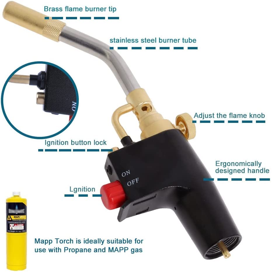 TS7000 Propane Torch Head with Igniter, 𝐓𝐒𝟕𝟎𝟎𝟎 High Intensity Mapp Gas Torch Head with Brass Tip and Adjustable Flame Knob Welding Torch for Light Welding, Soldering, Brazing, Heating,Thawing