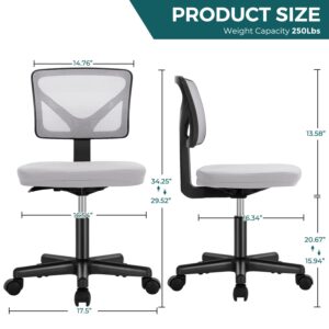 AFO Ergonomic Home Desk Adjustable Armless Computer Lumbar Support, Small Mesh Task Chair with Backrest Swivel Rolling for Study, Office, Conference Room, Grey