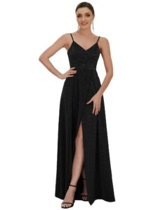 ever-pretty women's spaghetti straps v-neck sleeveless split a-line glitter prom dress black us4