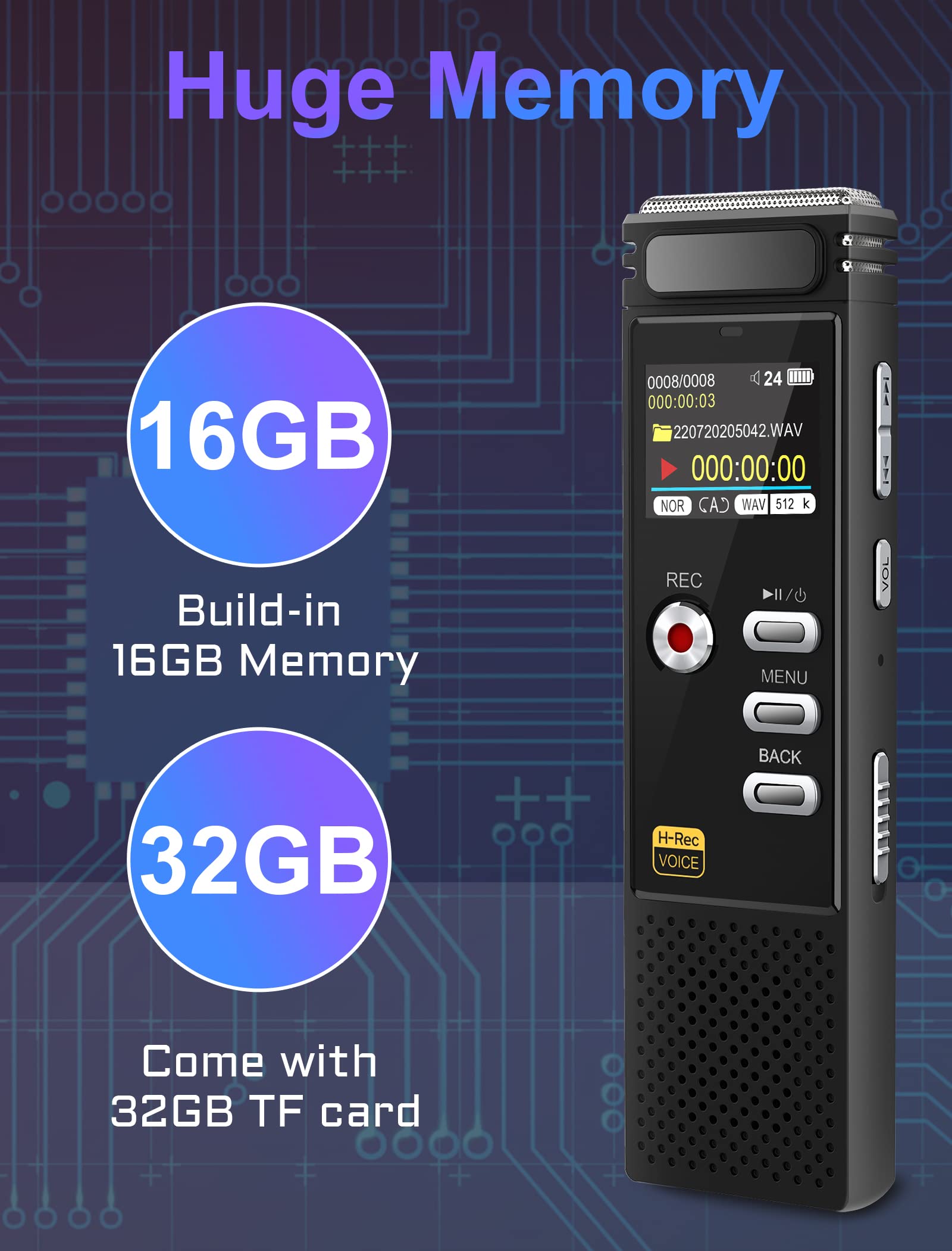 48GB Digital Voice Recorder:Voice Activated Recorder with Playback,1536KBPS Digital Audio Recorder with Build-in Microphones,Noise Reduction and 32GB TF Card for Lectures Meetings,Interviews