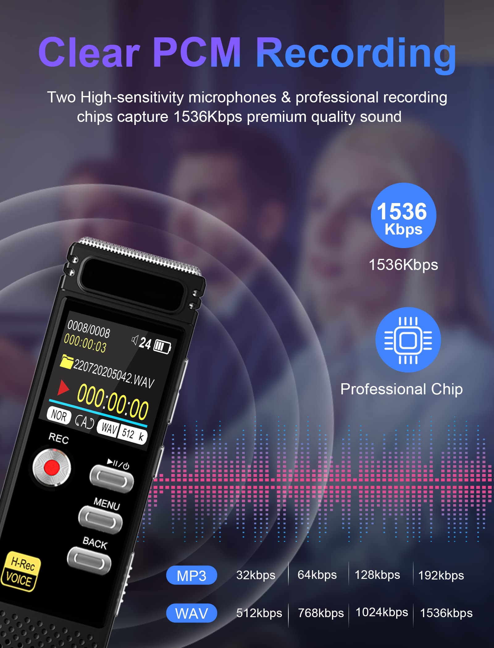 48GB Digital Voice Recorder:Voice Activated Recorder with Playback,1536KBPS Digital Audio Recorder with Build-in Microphones,Noise Reduction and 32GB TF Card for Lectures Meetings,Interviews