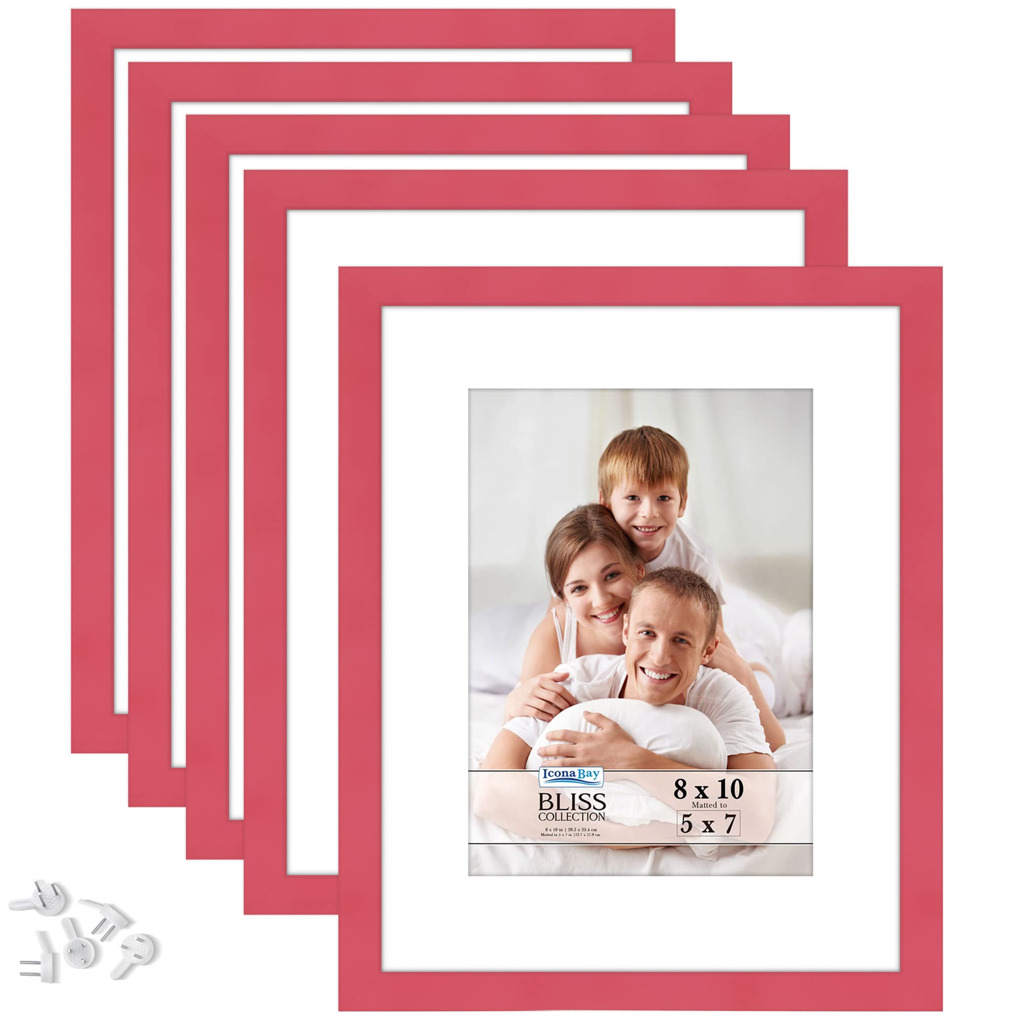 Icona Bay 8x10 Picture Frames with Removable Mat for 5x7 Photos (Red, 5 Pack), Modern Style Wood Composite Frames, Table Top or Wall Mount, Bliss Collection