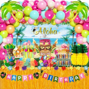 161pcs hawaiian luau party decorations pack, tropical beach themed summer pool party supplies including aloha backdrop, flamingo birthday banner, grass table skirt, palm leaves and hibiscus, pineapple