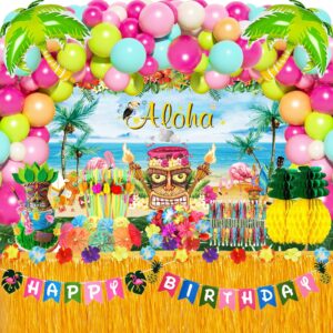 161Pcs Hawaiian Luau Party Decorations Pack, Tropical Beach Themed Summer Pool Party Supplies Including Aloha Backdrop, Flamingo Birthday Banner, Grass Table Skirt, Palm Leaves and Hibiscus, Pineapple