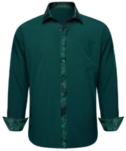 yohowa men's shirt solid color cotton silk long sleeve button down dress shirts business formal dark green