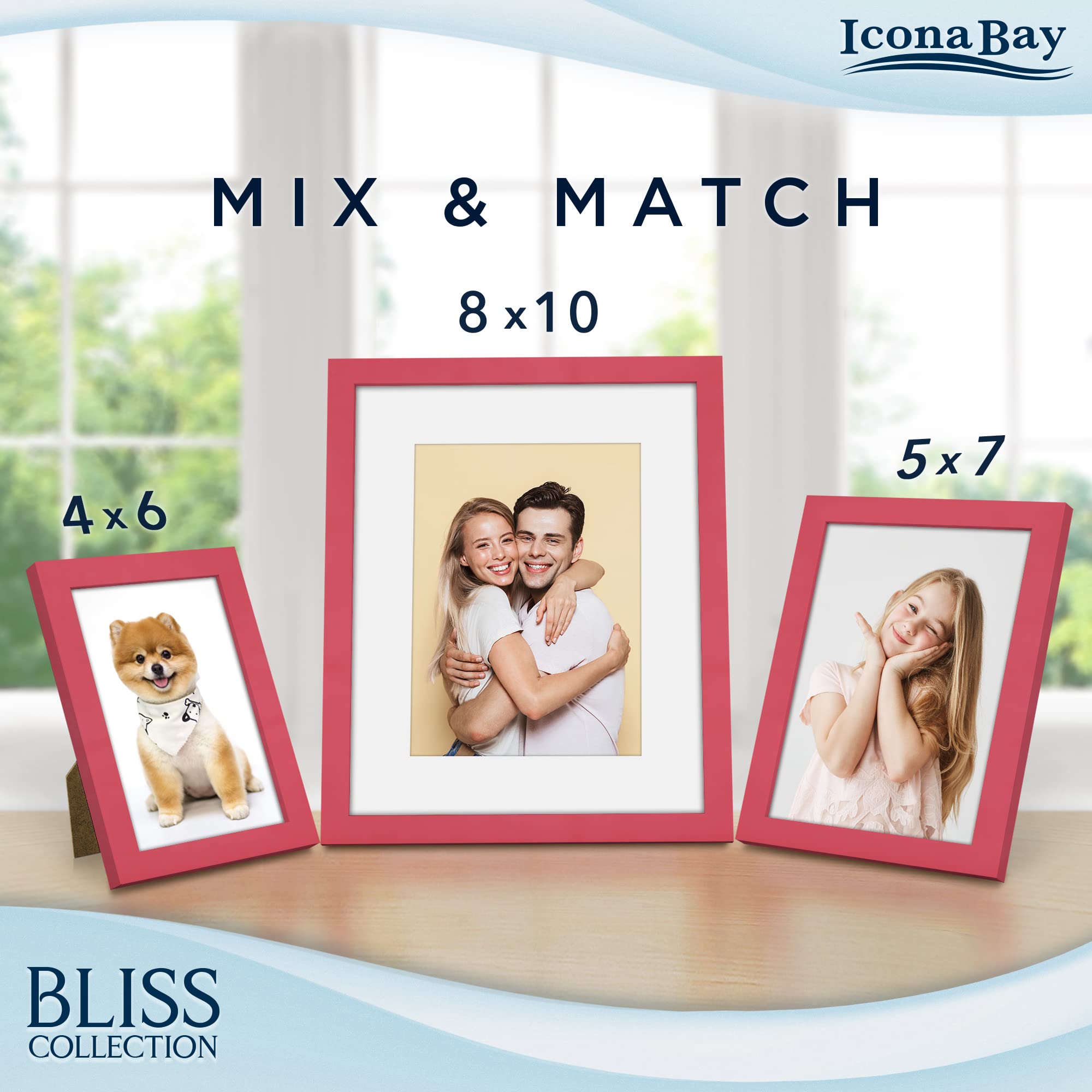 Icona Bay 8x10 Red Picture Frame with Removable Mat for 5x7 Photo, Modern Style Wood Composite Frame, Table Top or Wall Mount, Bliss Collection