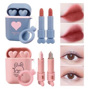 lamuseland 2pcs/set matte velvet earphone lipstick with 2pcs/set glitter shimmer eyeshadow sticks