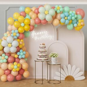 158Pcs Daisy Balloon Garland Kit Pastel Pink Yellow Orange Blue Flower Balloon Arch for Baby Shower, Retro Hippie, One Two Groovy Birthday Party Decorations