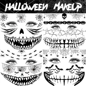 EGMBGM 4 Sheets Scary Halloween Face Temporary Tattoos For Women Men, 3D Witch Zombie Makeup Kit For Kids Girls Boys Adults, Dia de los muertos Day of the Dead Makeup Face Tattoos Spider Web Bat Scar