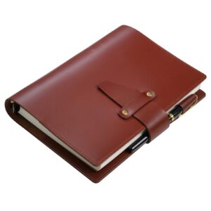 nekmit leather planner 2024-2025, monthly weekly planner, a5 refillable 6 ring binder, genuine leather cover with inner pockets and pen holder, brown