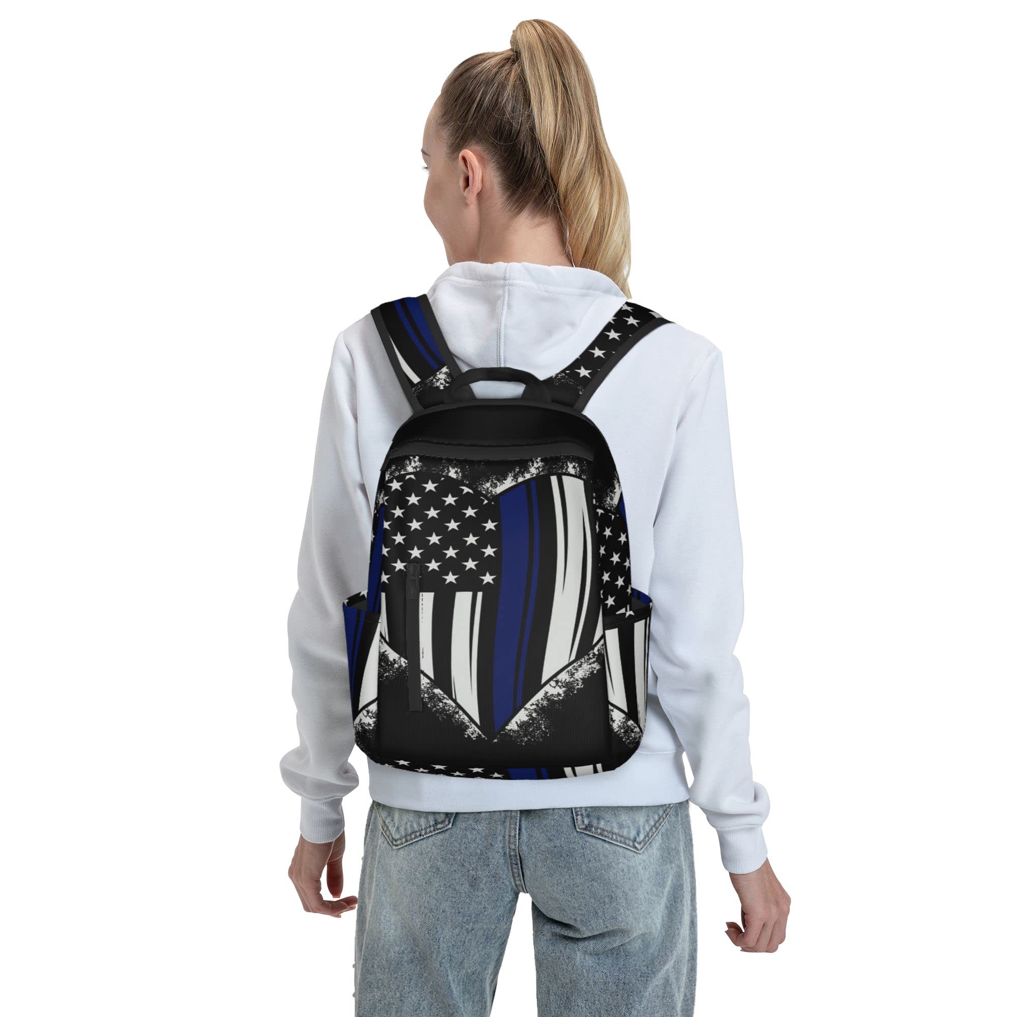 SWEET TANG American Thin Blue Line Flag Police love heart pattern black Backpack for Men Travel Laptop Backpack College Backpack Laptop Bag for Women