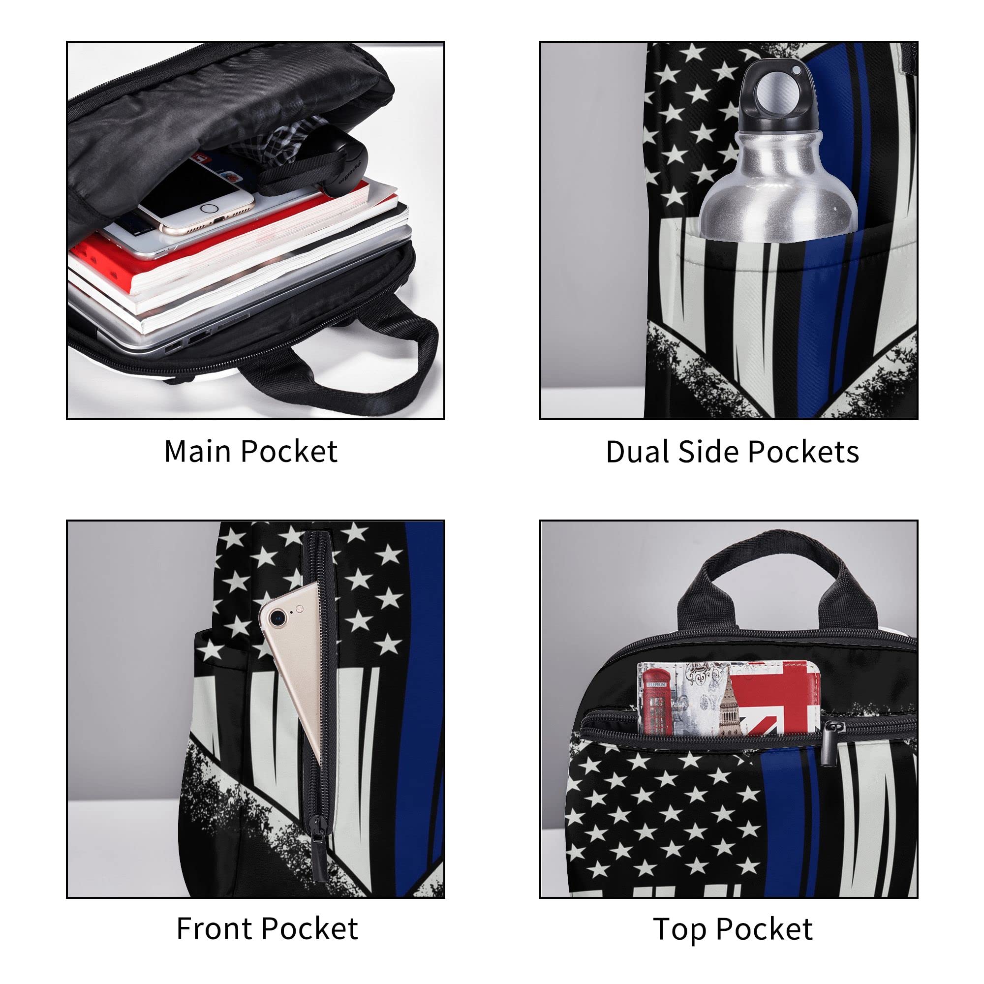 SWEET TANG American Thin Blue Line Flag Police love heart pattern black Backpack for Men Travel Laptop Backpack College Backpack Laptop Bag for Women