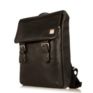 knomo hudson large leather 16 inch laptop business backpack for work computer travel bag daypack bag with flap, black