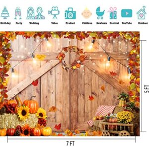 CYLYH 7x5FT Fall Thanksgiving Backdrop Autumn Pumpkin Harvest Barn Door Background Thanksgiving Banner Decoration Fall Rustic Farm Door Photography Backdrop CY582