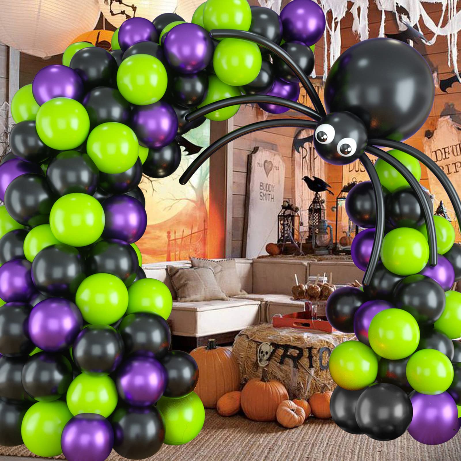 Halloween Balloon Arch Garland Kit with Big Spider DIY Balloons, Matte Black Lime Green Purple Metallic Latex Balloons Garland with Eye Balloons for Halloween Party Home Garden Outdoor Decorations