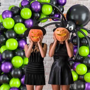 Halloween Balloon Arch Garland Kit with Big Spider DIY Balloons, Matte Black Lime Green Purple Metallic Latex Balloons Garland with Eye Balloons for Halloween Party Home Garden Outdoor Decorations