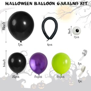 Halloween Balloon Arch Garland Kit with Big Spider DIY Balloons, Matte Black Lime Green Purple Metallic Latex Balloons Garland with Eye Balloons for Halloween Party Home Garden Outdoor Decorations