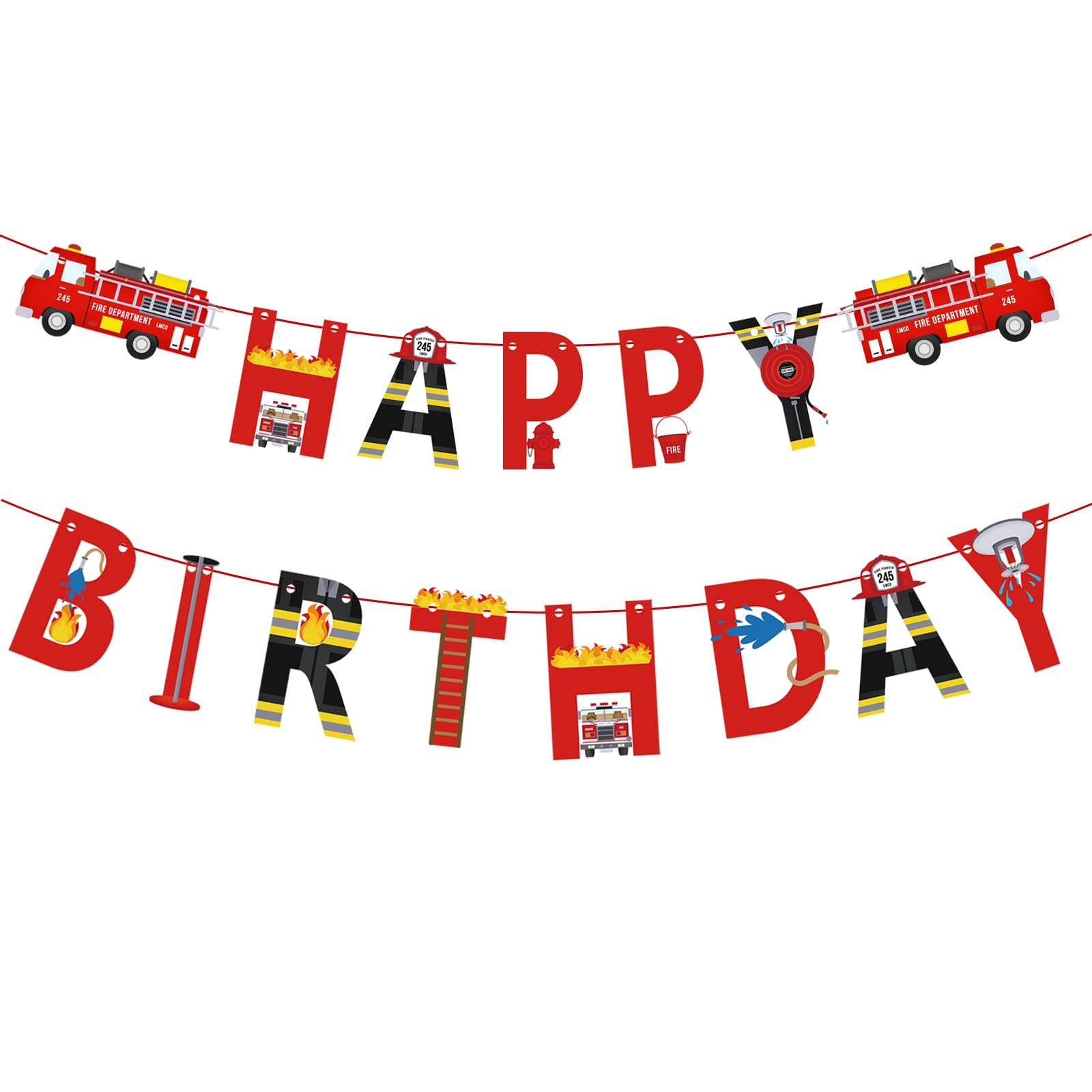 Fire Truck Happy Birthday Banner For Kids Fire Engine Rescue Birthday Party Sign, Fire Truck Birthday Party Supplies For Boys Red