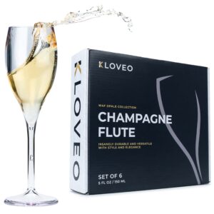 kloveo plastic champagne flutes - set of 6 - made in italy - insanely durable and versatile plastic champagne glasses - reusable, dishwasher safe, mimosa glasses, white wine - 5 oz, clear