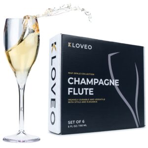 KLOVEO Plastic Champagne Flutes - Set of 6 - Made in Italy - Insanely Durable and Versatile Plastic Champagne Glasses - Reusable, Dishwasher Safe, Mimosa Glasses, White Wine - 5 oz, Clear