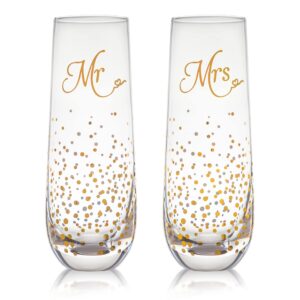trinkware stemless wedding champagne flute - mr and mrs champagne flutes with gold dots - wedding gift for bride and groom champagne glass - bride gift - mr and mrs gift set of 2