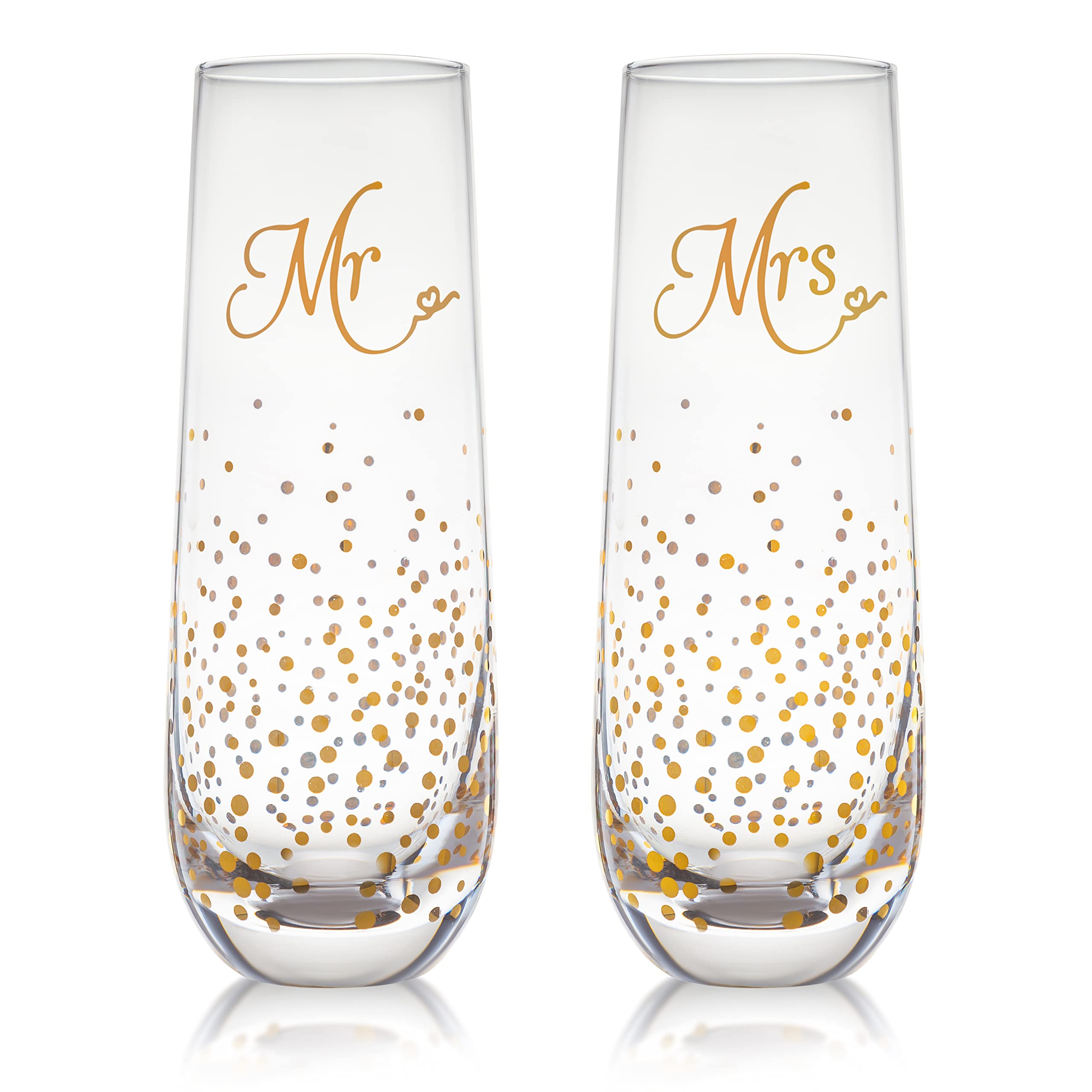 Trinkware Stemless Wedding Champagne Flute - Mr And Mrs Champagne Flutes With Gold Dots - Wedding Gift For Bride And Groom Champagne Glass - Bride Gift - Mr And Mrs Gift Set of 2