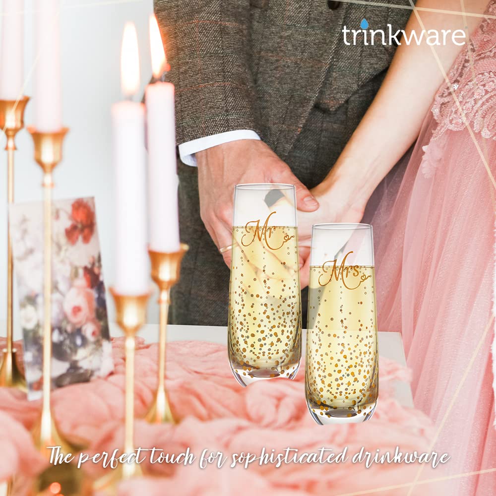 Trinkware Stemless Wedding Champagne Flute - Mr And Mrs Champagne Flutes With Gold Dots - Wedding Gift For Bride And Groom Champagne Glass - Bride Gift - Mr And Mrs Gift Set of 2