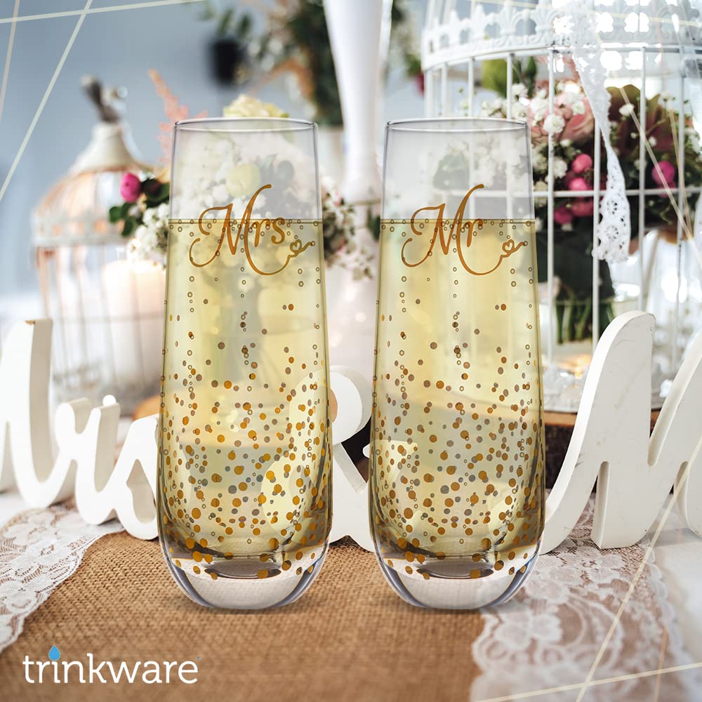 Trinkware Stemless Wedding Champagne Flute - Mr And Mrs Champagne Flutes With Gold Dots - Wedding Gift For Bride And Groom Champagne Glass - Bride Gift - Mr And Mrs Gift Set of 2