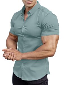 casual men's muscle fit dress shirts short sleeve athletic fit button down shirts light green l