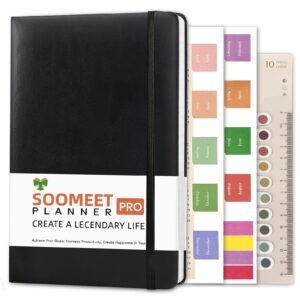 soomeet weekly planner, undated planner weekly and monthly, goal planner, calendar stickers, faux leather cover, time management manual and planner, a5 hardcover with ruler, 200 pages, black