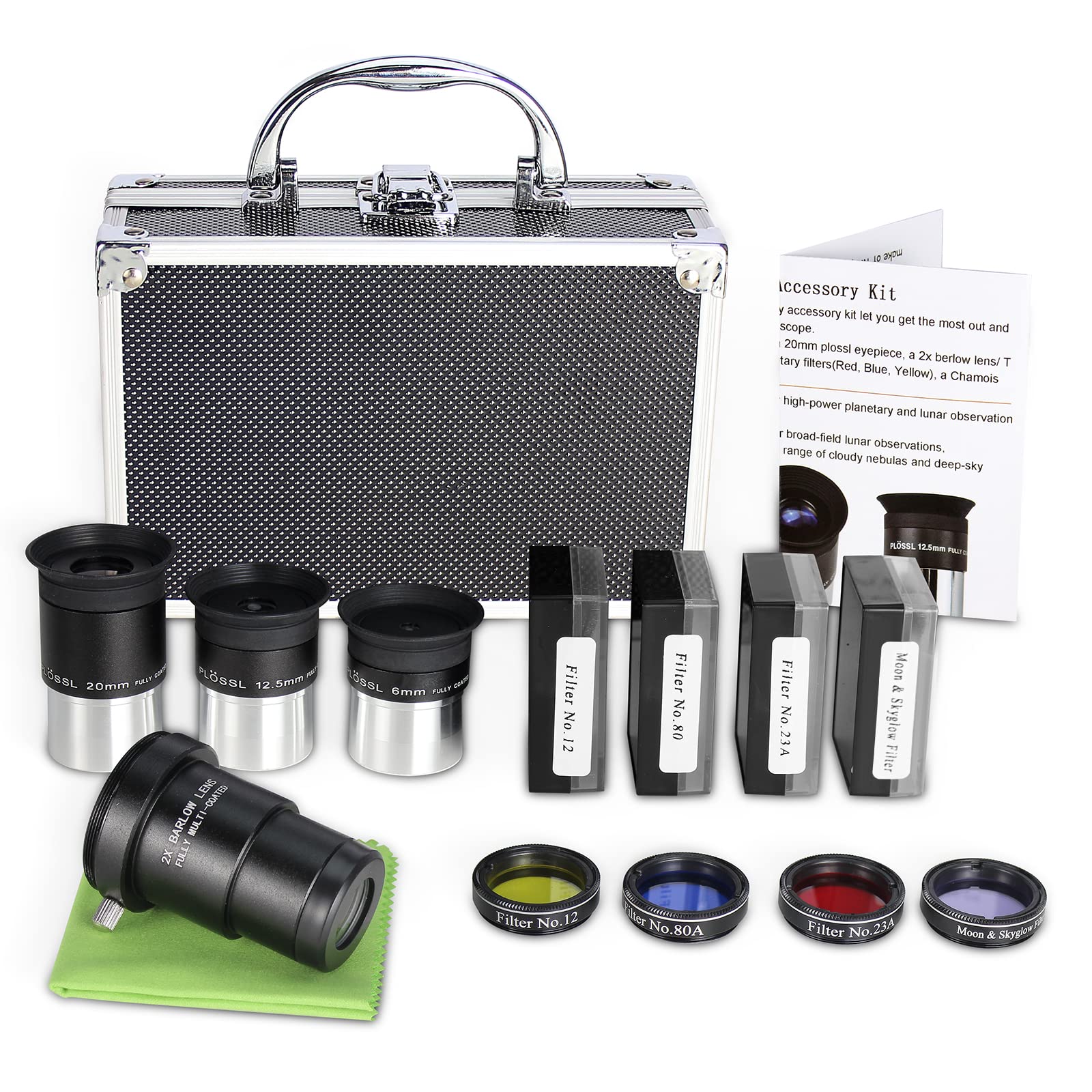 Celticbird Astronomical Telescope Accessory Kit - with 3pcs Plossl Eyepieces Set, 4pcs Filter Set, a 2X Barlow Lens