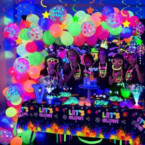 Winrayk Neon Glow in The Dark Birthday Party Decorations Supplies with Neon Balloons Garland Arch Backdrop Tablecloth Hanging Swirl Glow in The Dark Party Supplies Neon Party Decor for Kids Teen Adult