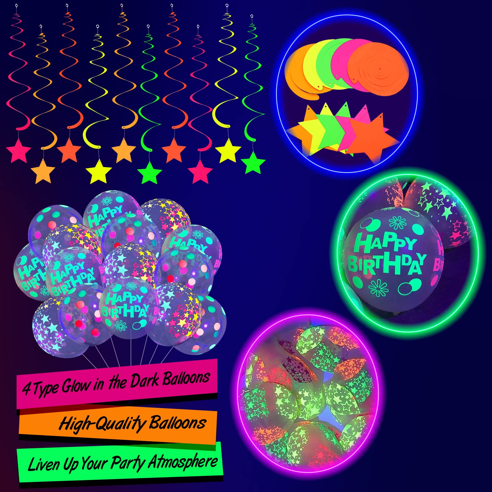 Winrayk Neon Glow in The Dark Birthday Party Decorations Supplies with Neon Balloons Garland Arch Backdrop Tablecloth Hanging Swirl Glow in The Dark Party Supplies Neon Party Decor for Kids Teen Adult