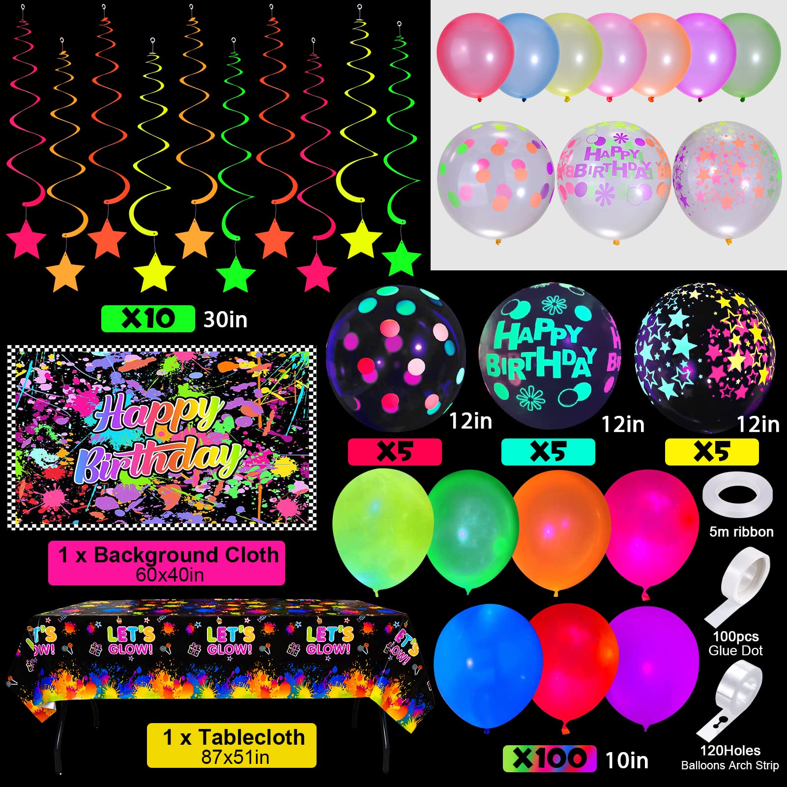 Winrayk Neon Glow in The Dark Birthday Party Decorations Supplies with Neon Balloons Garland Arch Backdrop Tablecloth Hanging Swirl Glow in The Dark Party Supplies Neon Party Decor for Kids Teen Adult