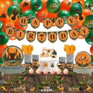 165 pcs hunting birthday party decorations hunting birthday banner cake decors deer balloons camo paper plates cups serves 16 guests hunting birthday party supplies camo tablecloth (banner)
