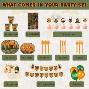 165 Pcs Hunting Birthday Party Decorations Hunting Birthday Banner Cake Decors Deer Balloons Camo Paper Plates Cups Serves 16 Guests Hunting Birthday Party Supplies Camo Tablecloth (Banner)