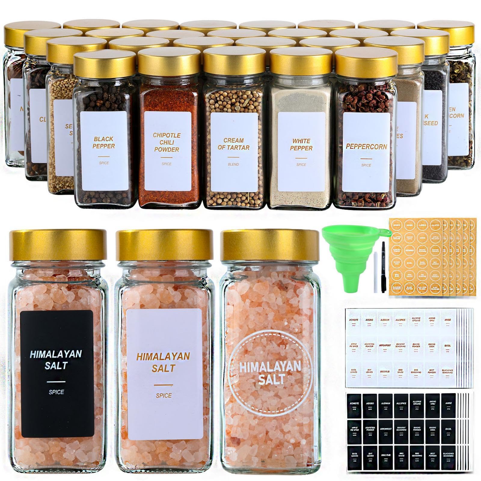 JARXSUN Glass Spice Jars with Label, 24Pcs Spice Jars with Shaker Lids-4 oz Gold Spice Seasoning Jars Bottles Containers Set for Spice Rack (24)