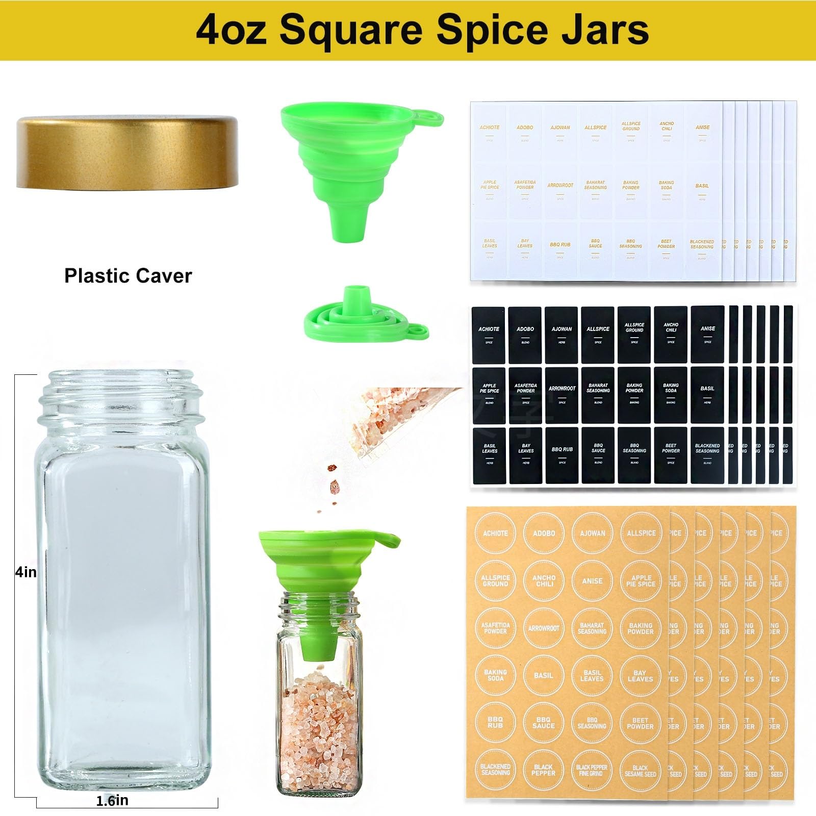 JARXSUN Glass Spice Jars with Label, 24Pcs Spice Jars with Shaker Lids-4 oz Gold Spice Seasoning Jars Bottles Containers Set for Spice Rack (24)