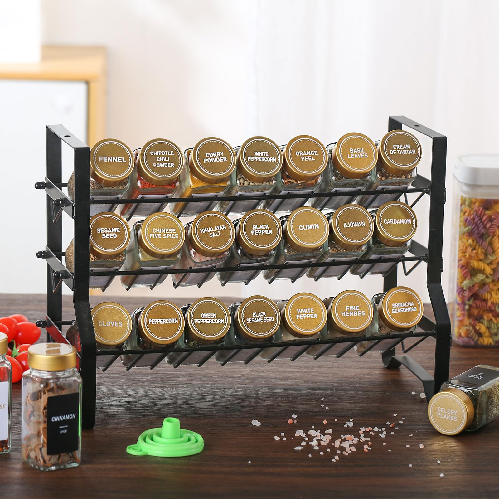 JARXSUN Glass Spice Jars with Label, 24Pcs Spice Jars with Shaker Lids-4 oz Gold Spice Seasoning Jars Bottles Containers Set for Spice Rack (24)