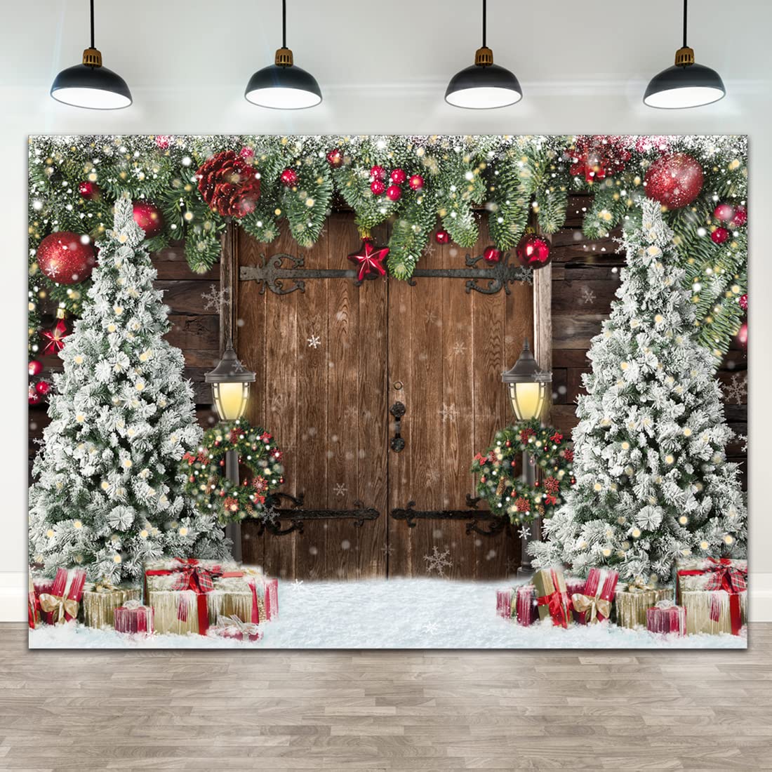 Lofaris Winter Christmas Backdrop Xmas Photography Backdrop Rustic Barn Wood Door Backdrop Xmas Tree Snow Gift Bell Kids Adult Family Supplies Banner Party Baby Shower Decoration Background 7x5ft