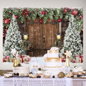 Lofaris Winter Christmas Backdrop Xmas Photography Backdrop Rustic Barn Wood Door Backdrop Xmas Tree Snow Gift Bell Kids Adult Family Supplies Banner Party Baby Shower Decoration Background 7x5ft