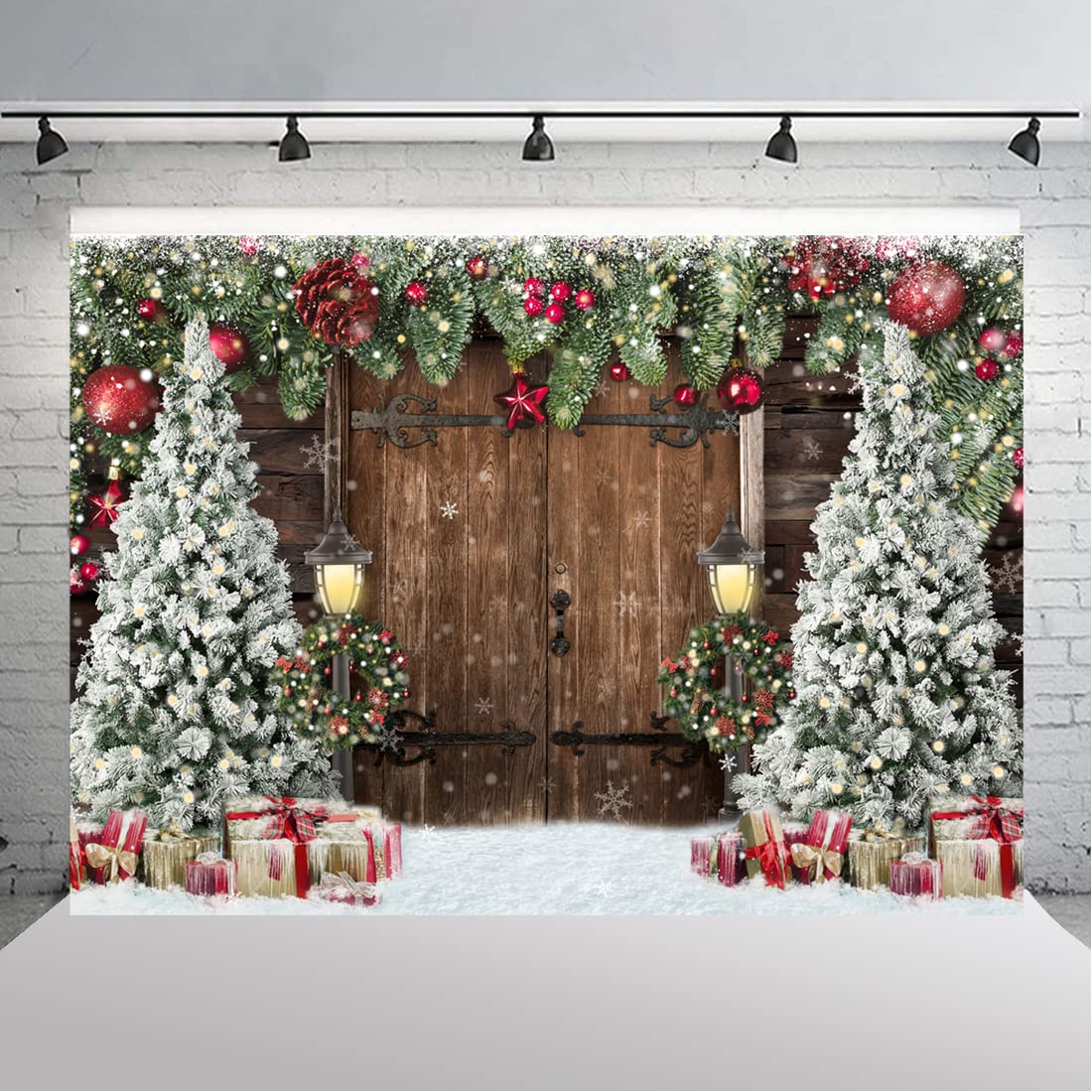 Lofaris Winter Christmas Backdrop Xmas Photography Backdrop Rustic Barn Wood Door Backdrop Xmas Tree Snow Gift Bell Kids Adult Family Supplies Banner Party Baby Shower Decoration Background 7x5ft