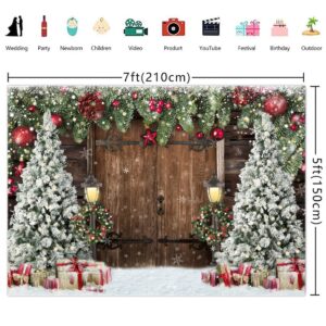 Lofaris Winter Christmas Backdrop Xmas Photography Backdrop Rustic Barn Wood Door Backdrop Xmas Tree Snow Gift Bell Kids Adult Family Supplies Banner Party Baby Shower Decoration Background 7x5ft