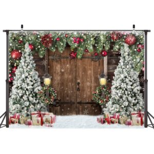 Lofaris Winter Christmas Backdrop Xmas Photography Backdrop Rustic Barn Wood Door Backdrop Xmas Tree Snow Gift Bell Kids Adult Family Supplies Banner Party Baby Shower Decoration Background 7x5ft