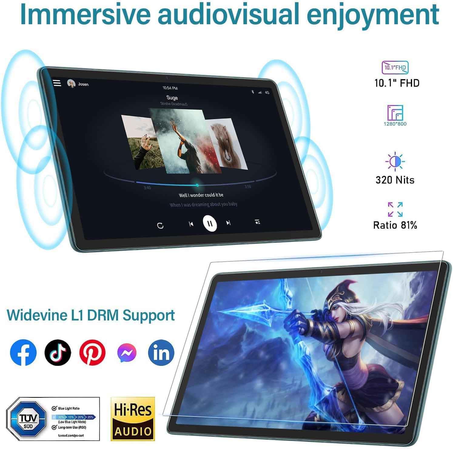 DUODUOGO Tablet 10 inch, Octa core Android Tablet with 10GB+64GB/1 TB Expansion, 5G WiFi, 5MP Dual Camera, 6000mAh, Split-Screen, Widevine L1, 10 inch Tablet PC - Black